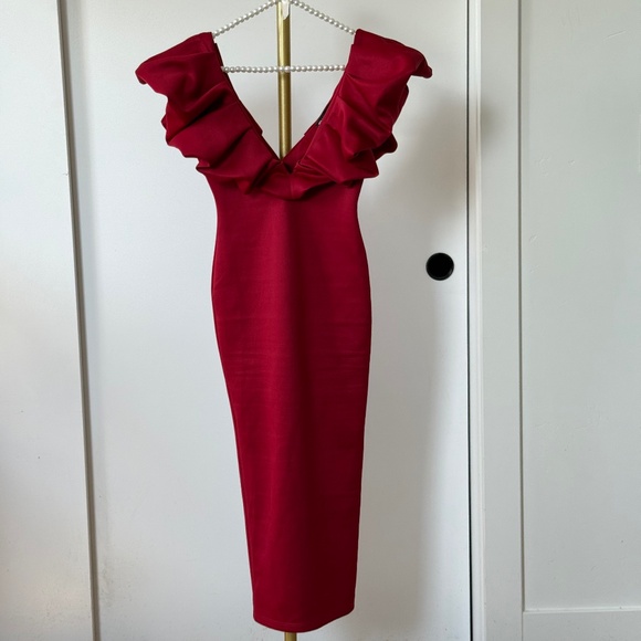 ASOS Design Red Ruffle Bodycon Midi Dress - Picture 4 of 10